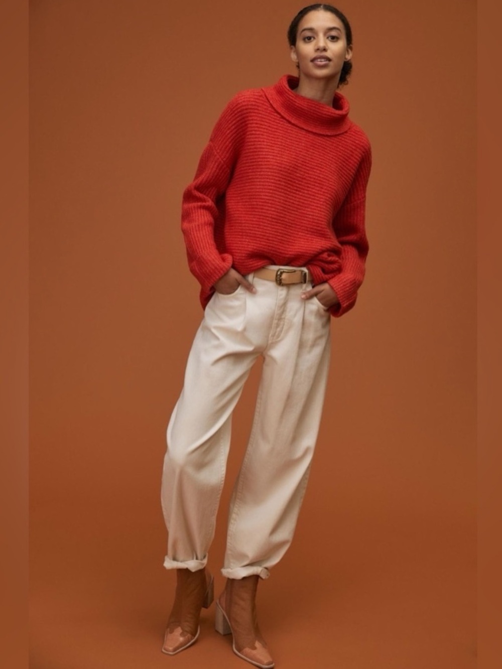 Anthropologie Pilcro Oversized Cowl Neck Knit Sweater Red Size M Cozy Festive